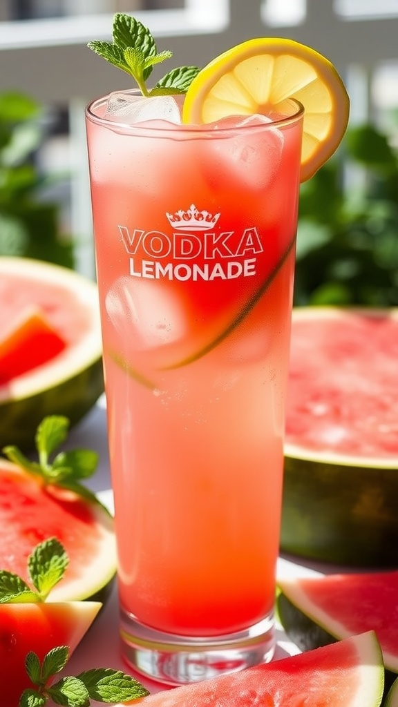 Refreshing watermelon vodka lemonade in a glass, garnished with lemon and mint, on a summer table.